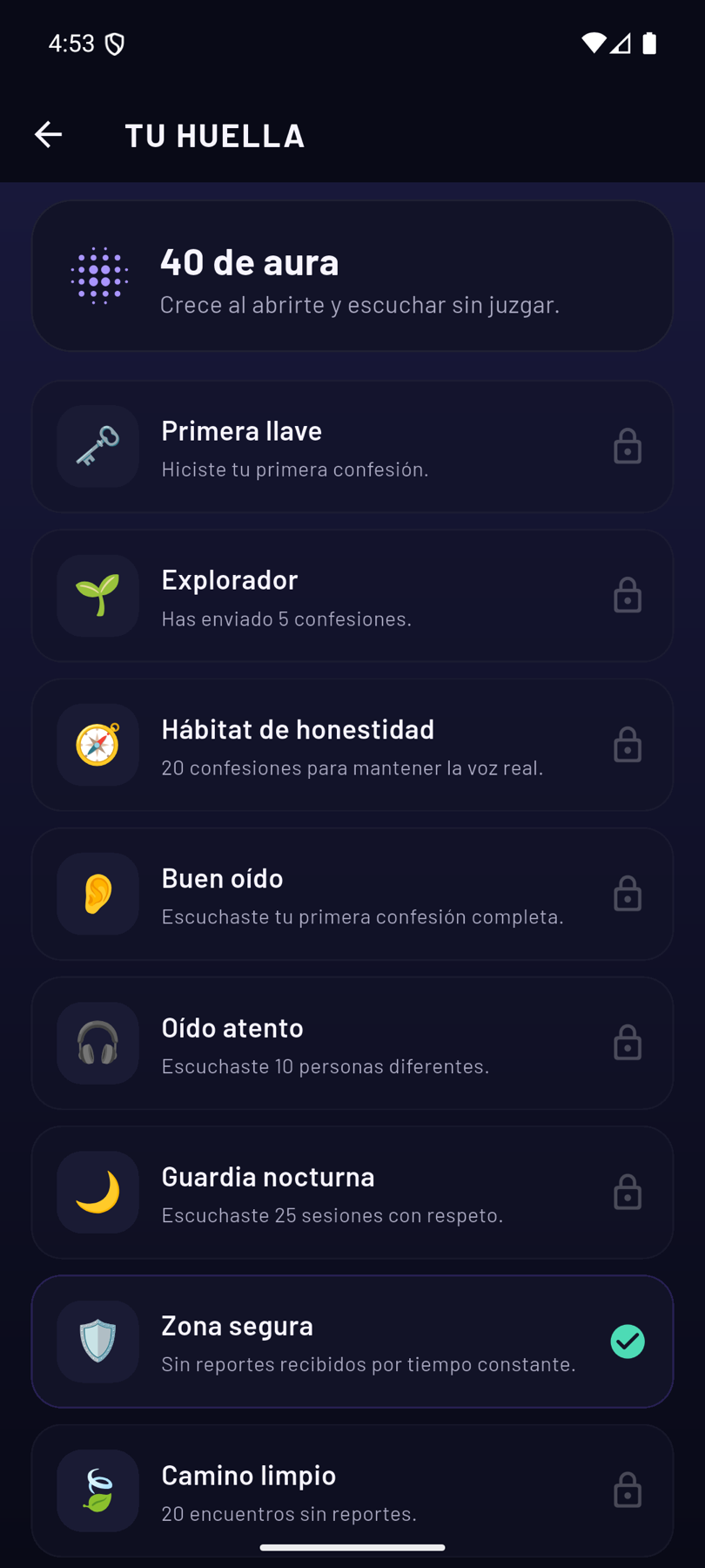 Pantalla de aura y logros de SUSURRA