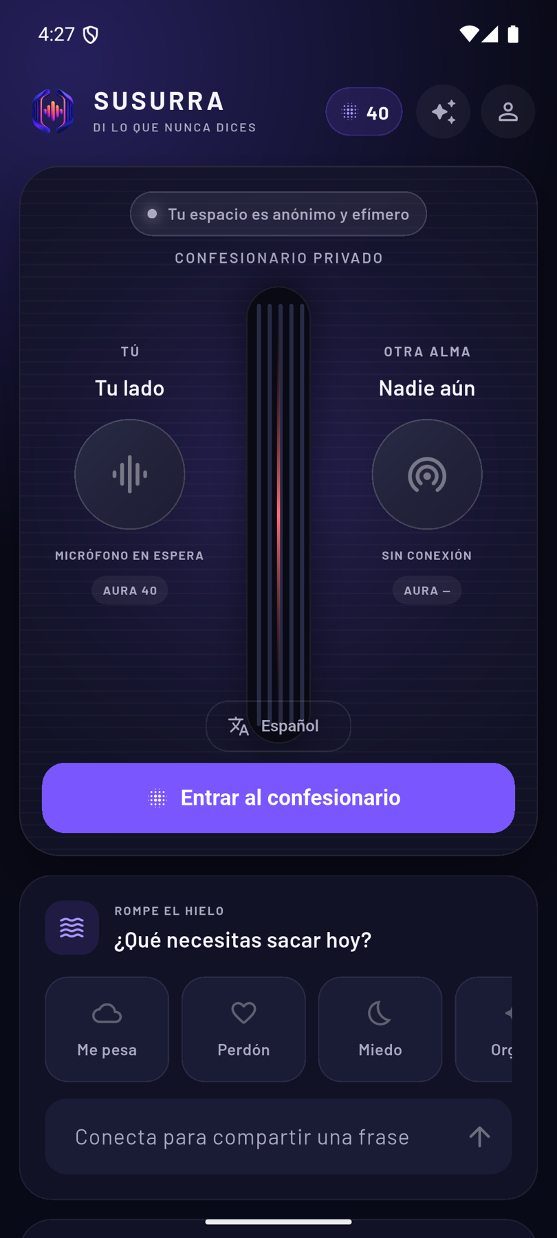 Pantalla principal del confesionario de voz SUSURRA